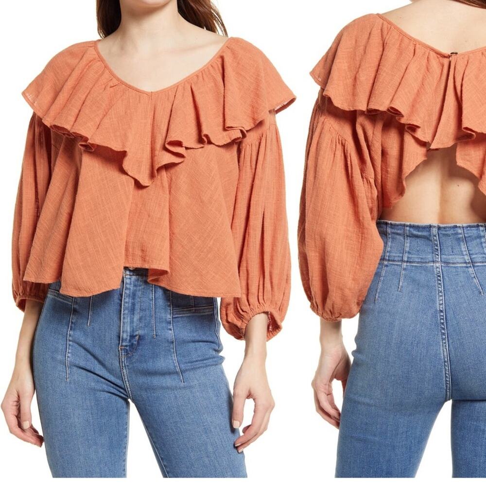 Free People Peasant Sleeve Boho Hippie Spring Open Back Ruffle Gauzy Cotton Top